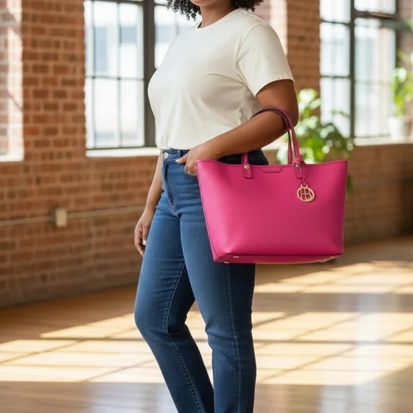 Henri Bendel Hot Pink Saffiano Leather Tote Bag Gold Hardware Large Shopper - Picture 5 of 16